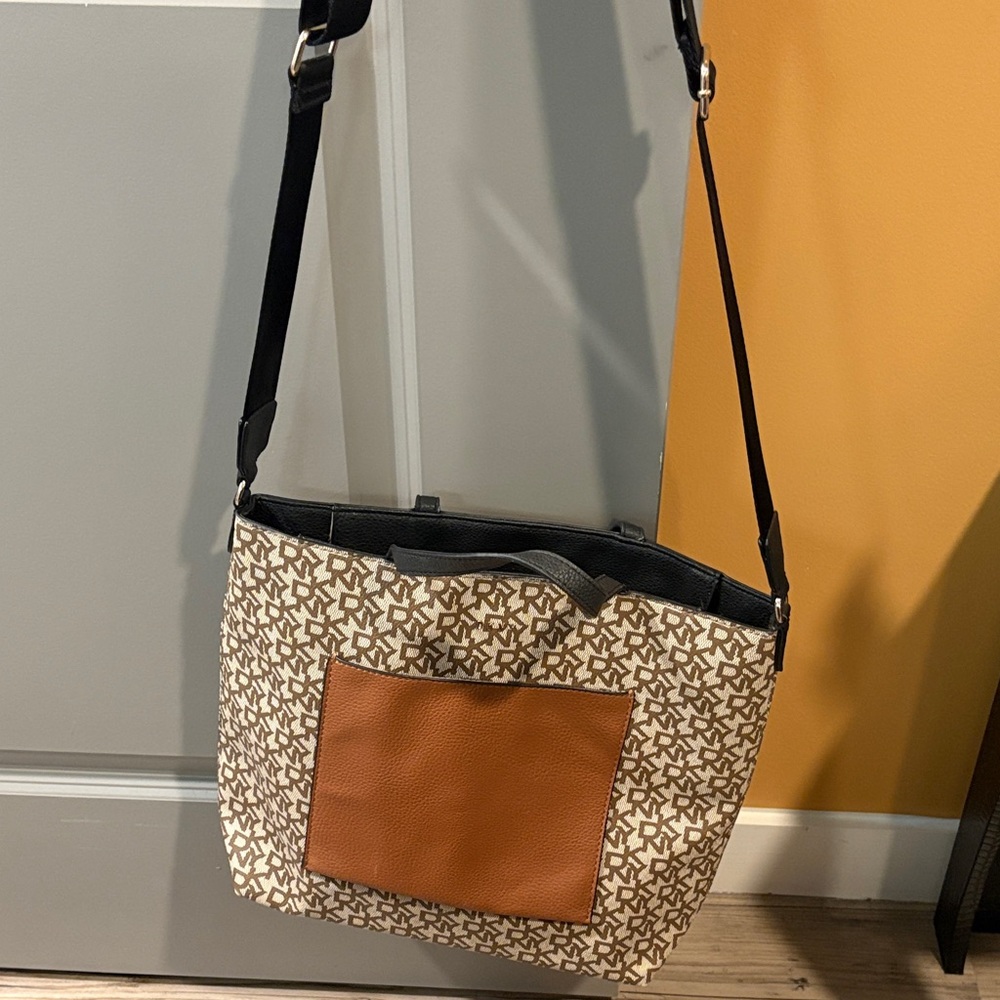 DKNY Beige Monogram Tote with Brown Front Pocket and Black Trim